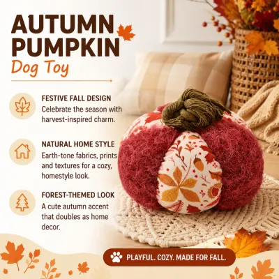 Autumn pumpkin dog toy featuring harvest-inspired prints, earth-tone textures and seasonal home style