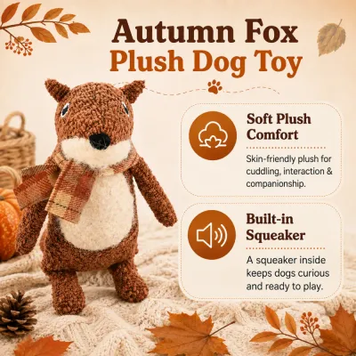 Autumn fox plush dog toy with plaid scarf, soft plush texture and built-in squeaker in a cozy fall setting.