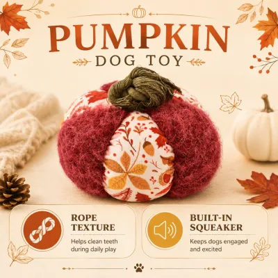 Autumn pumpkin dog toy with rope texture and built-in squeaker for interactive dog play