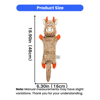 18.9 Inch Long Plush Squeaky Dog Toy Size Guide Brown long plush dog toy measuring 18.9 x 6.3 inches with animal design and long tail