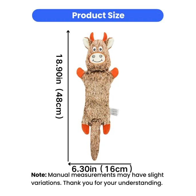 18.9 Inch Long Plush Squeaky Dog Toy Size Guide Brown long plush dog toy measuring 18.9 x 6.3 inches with animal design and long tail