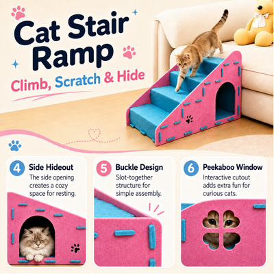 Cat stair ramp with side hideout, slot-together buckle design and peekaboo window for climbing, resting and interactive play.