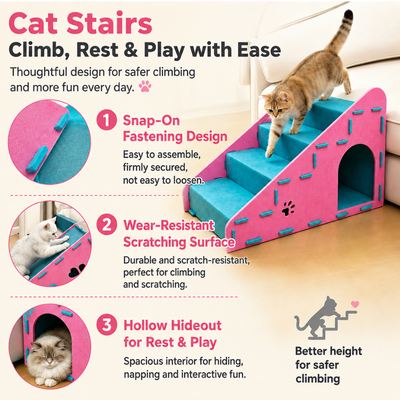 Cat stairs featuring snap-on fastening, scratch-friendly surfaces and a hollow hideout for climbing, resting and play.