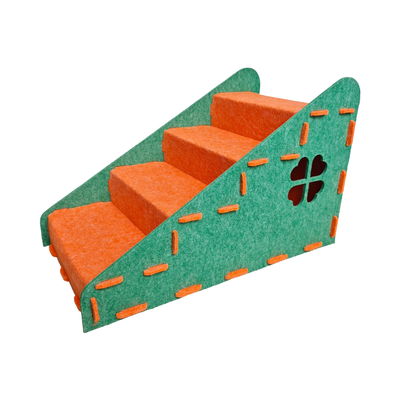 Four-step orange and green cat climbing stairs with protective side panels and compact indoor design.