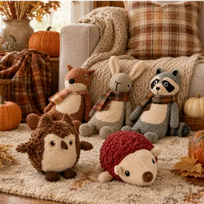 Autumn Woodland Plush Dog Toy Collection Collection of autumn woodland plush dog toys including owl, fox, rabbit, raccoon and hedgehog designs.