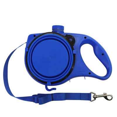 Portable blue dog walking leash with built-in water dispenser, collapsible drinking bowl and durable metal clip