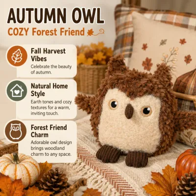 Autumn Owl Dog Toy for Fall Pet Collections Autumn owl plush dog toy displayed in a cozy fall home setting with pumpkins, leaves and warm seasonal decor.