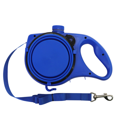 Blue 3-in-1 dog leash with collapsible water bowl, water container, ergonomic handle and metal leash clip on white background