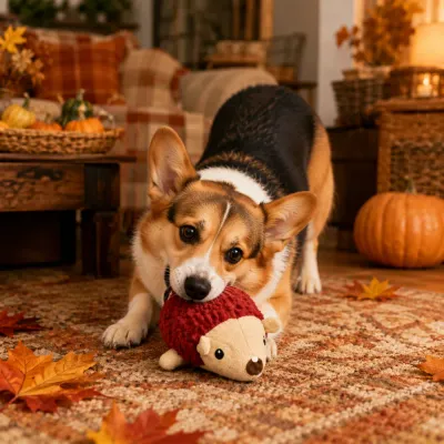 Dog Playing with Hedgehog Plush Toy Corgi playing with a red hedgehog plush dog toy in a cozy autumn living room with pumpkins and fall leaves.