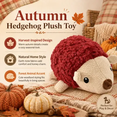Autumn Hedgehog Dog Toy Seasonal Design Autumn hedgehog plush dog toy displayed with pumpkins and fall decor in a cozy seasonal home setting.