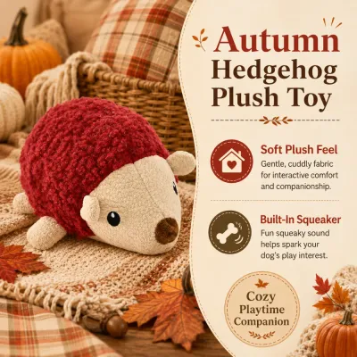 Soft Squeaky Hedgehog Plush Dog Toy Soft autumn hedgehog plush dog toy with cuddly fabric and built-in squeaker for interactive dog play.