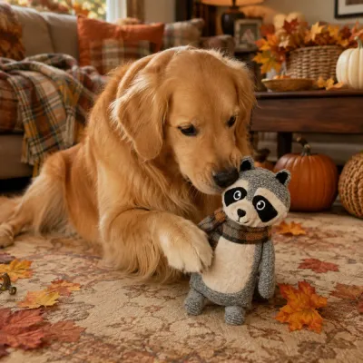 Golden retriever playing with a gray raccoon plush dog toy in a cozy autumn home decorated with pumpkins and fall leaves