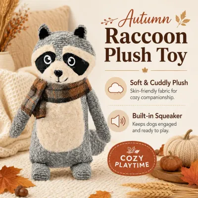 Soft autumn raccoon plush dog toy with built-in squeaker displayed in a warm fall living room setting