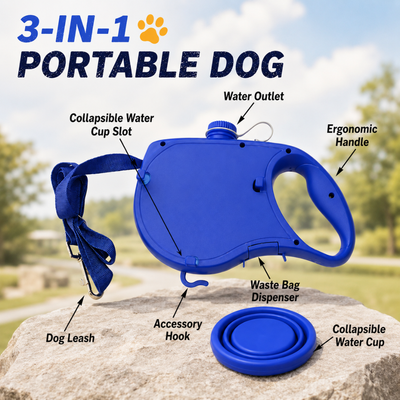 3-in-1 portable dog leash with water outlet, collapsible water bowl, waste bag dispenser, accessory hook and ergonomic handle