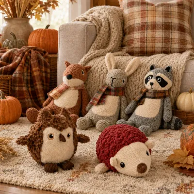 Autumn Woodland Plush Dog Toy Collection Autumn woodland plush toy collection featuring fox, rabbit, raccoon, owl and hedgehog designs in a cozy fall setting.