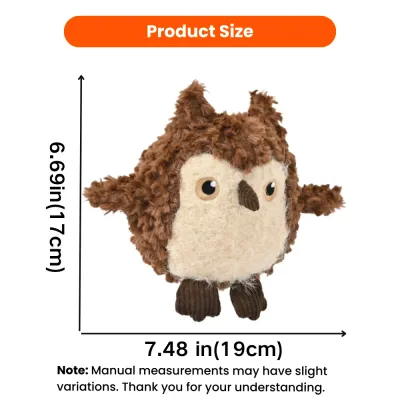 Autumn Owl Plush Dog Toy Size 7.48 x 6.69 Inch Autumn owl plush dog toy measuring approximately 7.48 inches wide and 6.69 inches tall.