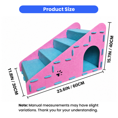 Cat stairs measuring 23.6 x 11.8 x 15.7 inches, or 60 x 30 x 40 cm, with four climbing steps and side hideout.