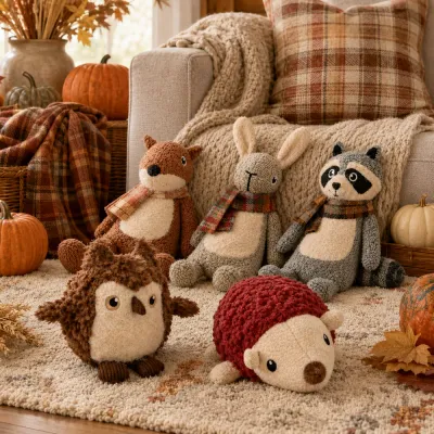 Fall woodland plush dog toy collection featuring raccoon, rabbit, fox, owl and hedgehog designs in a cozy autumn living room