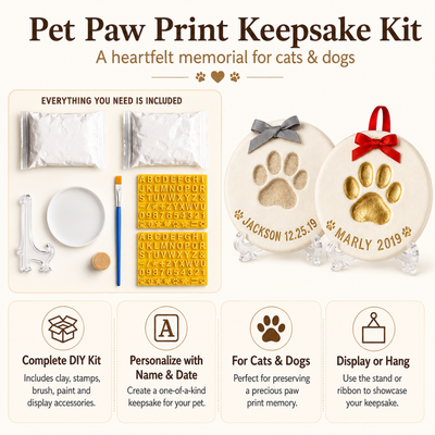 DIY Pet Paw Print Keepsake Kit for Cats and Dogs DIY pet paw print keepsake kit with clay stamps paint brush stand and personalized cat and dog paw ornaments