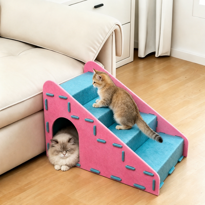Pink and blue cat stairs with built-in hideout beside a sofa, helping cats climb, rest and play indoors.