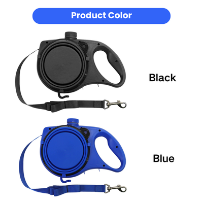 3-in-1 portable dog walking leash shown in black and blue color options with integrated collapsible water bowl