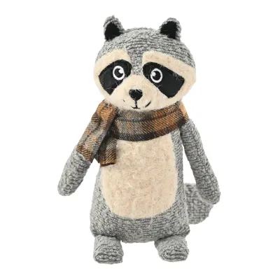 Gray autumn raccoon plush dog toy with soft textured fabric, beige belly and brown plaid scarf on white background