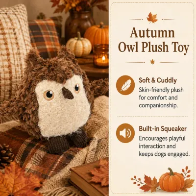 Soft Squeaky Autumn Owl Plush Dog Toy Soft brown owl plush dog toy with built-in squeaker displayed in an autumn-themed home setting.