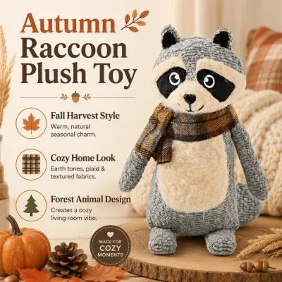 Autumn raccoon plush dog toy with plaid scarf displayed in a cozy fall home setting with pumpkins, leaves and seasonal decor