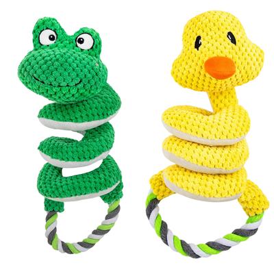 Frog and Duck Squeaky Rope Tug Dog Toys Green frog and yellow duck plush squeaky dog toys with braided rope handles for interactive tug play