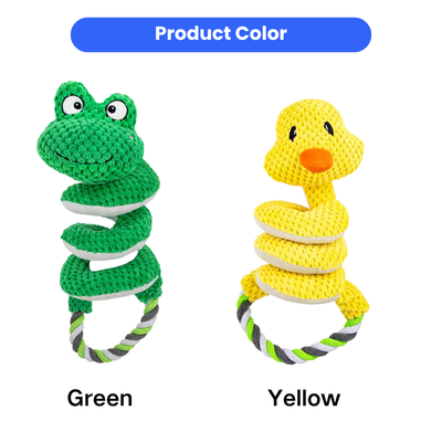 Frog and Duck Rope Dog Toy Color Options Green frog and yellow duck plush rope dog toys shown as two available color and animal designs