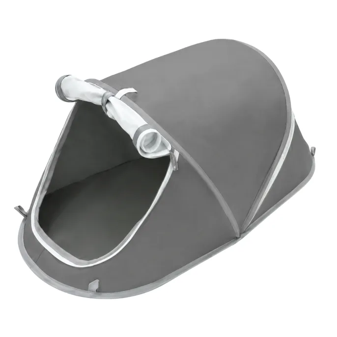 Grey portable pet tent with large roll-up zippered entrance on white background