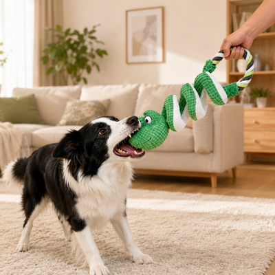 Interactive Frog Rope Tug Toy for Dogs Dog playing tug of war with a green frog plush rope toy in a living room