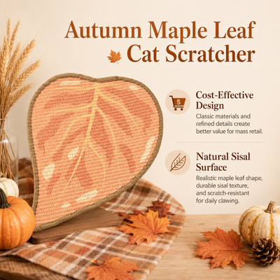Autumn maple leaf cat scratcher featuring natural sisal texture and seasonal orange leaf design