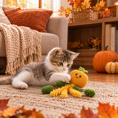 Kitten playing with a pumpkin tassel cat toy in a cozy autumn-themed living room