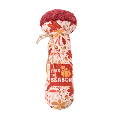 Autumn Mushroom Plush Cat Kicker Toy Autumn mushroom plush cat kicker toy with fall leaf and pumpkin print on a white background