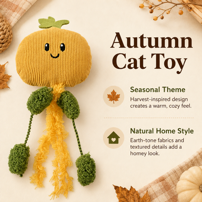 Pumpkin-shaped autumn cat toy with harvest-inspired colors and natural home style