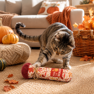 Cat Playing with Autumn Plush Kicker Toy Tabby cat playing with a fall-themed plush cat kicker toy in an autumn decorated living room