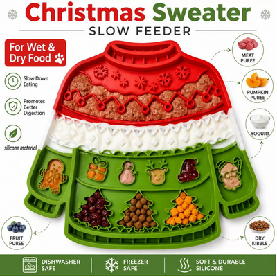 Christmas sweater silicone slow feeder lick mat for dogs with sections for wet food, dry food and puree