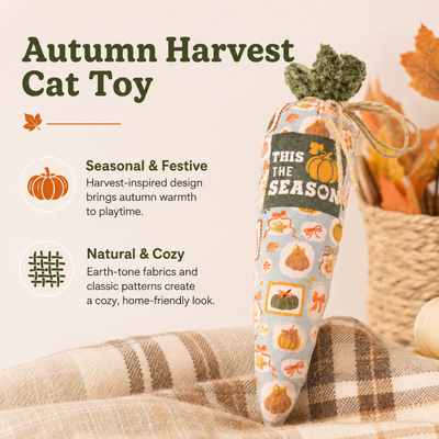Autumn Harvest Cat Toy Seasonal Design Autumn harvest cat toy with pumpkin print and natural earth-tone design displayed in a cozy fall home setting