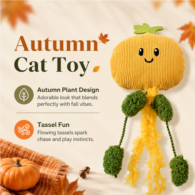 Autumn pumpkin cat toy with long dangling tassels designed to encourage chasing and play