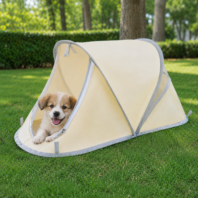 Portable Pet Tent for Dogs Outdoor Use Puppy resting inside a cream portable pet tent on an outdoor lawn