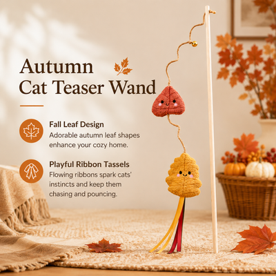 Fall Leaf Cat Wand with Ribbon Tassels Fall leaf cat teaser wand featuring plush leaf shapes and colorful ribbon tassels