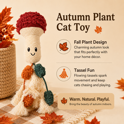 Fall mushroom cat toy with dangling tassels and pom poms designed to encourage cats to chase and play