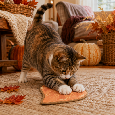 Tabby cat scratching an orange maple leaf sisal cat scratcher in an autumn decorated home