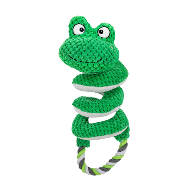 Green Frog Interactive Plush Tug Dog Toy Green frog interactive plush dog toy with coiled body and green gray white rope loop