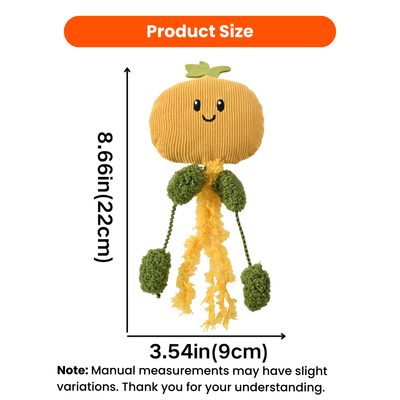 Autumn pumpkin tassel cat toy measuring 8.66 inches long and 3.54 inches wide