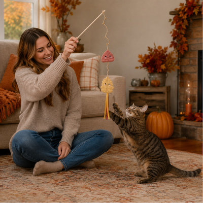 Interactive Autumn Cat Teaser Wand in Use Woman playing with a tabby cat using an autumn leaf teaser wand in a fall decorated living room
