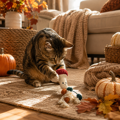 Tabby cat playing with a plush mushroom cat toy in a cozy living room decorated with pumpkins and autumn leaves