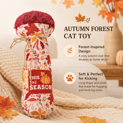 Autumn Forest Cat Kicker Toy for Indoor Cats Long plush autumn forest cat kicker toy with mushroom shape and fall leaf design in cozy home setting