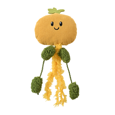 Autumn pumpkin cat toy with soft corduroy body, green plush details and long yellow tassels
